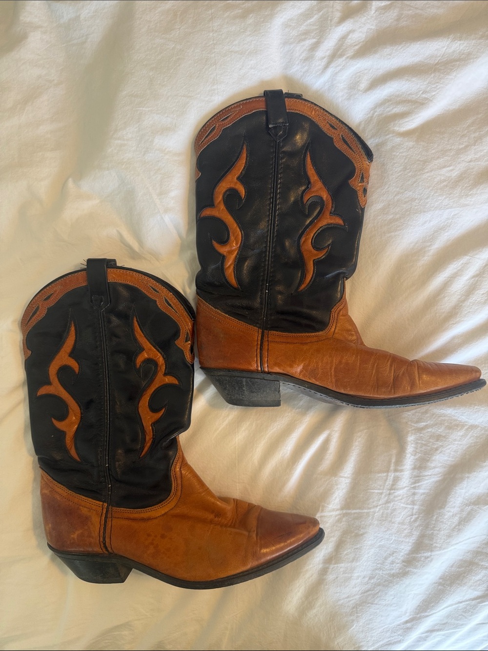 Dingo Two-Tone Brown and Black Western Boots with Flame Inlay - Size 9 M